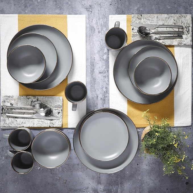 Gibson Home Rockaway 16-Piece Round Stoneware Dinnerware Set Service for 4 – Grey with Gold Rim Plates and Bowls Microwave &amp Dishwasher Safe
