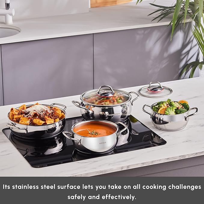 Karaca Emirgan 8-Piece Cookware Set Made of Steel Pot Set Cookware Set Cookware Sets Stainless Steel Suitable for Induction with Glass Lid and Stainless Steel Pot Set
