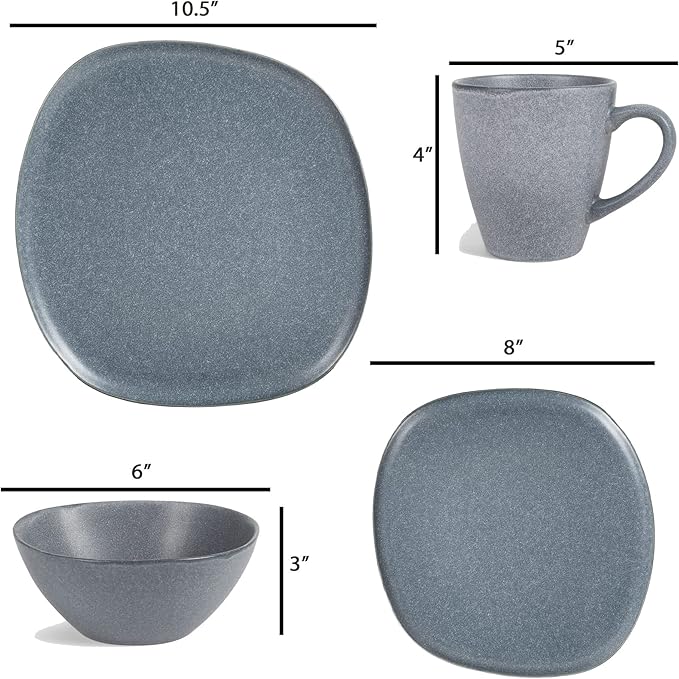 Elanze Designs 16-Piece Modern Luxury Chic Smooth Vintage Handmade Shape Matte Finish Ceramic Stoneware Square Plate Mug &amp Bowl Kitchen Dinnerware 16 Piece Set - Service for 4 Slate Grey