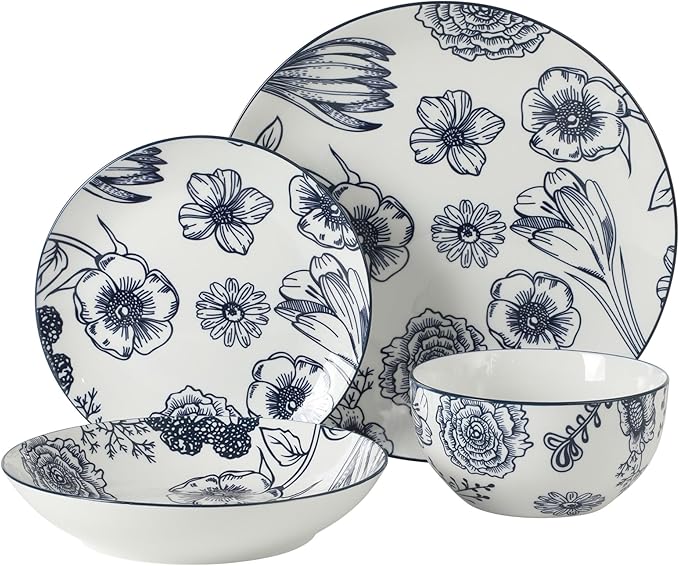 Gibson Home Westerly Court 16-Piece Dinnerware Set Blue Floral Stoneware Plates &amp Bowls Service for 4 Round Durable Everyday Dish Set