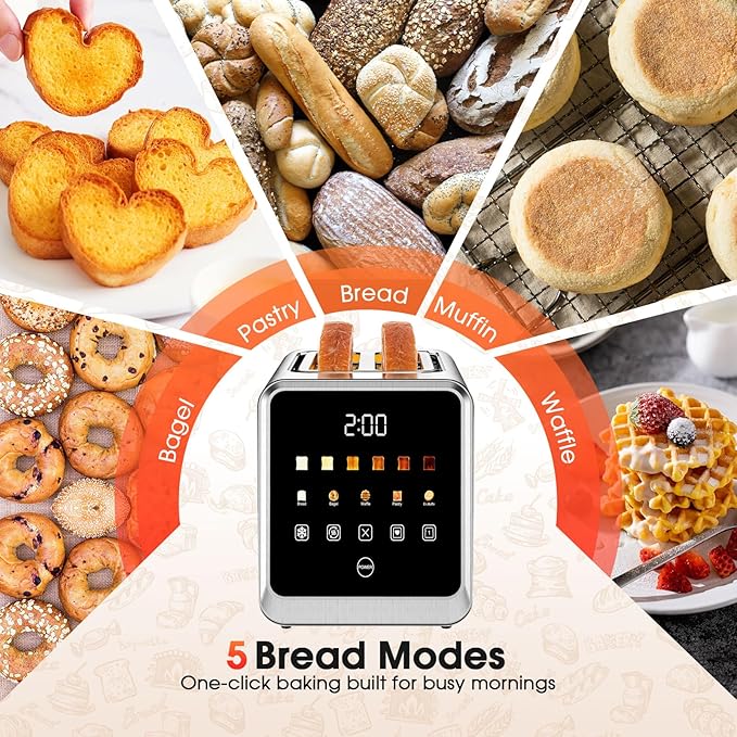 Toaster 2 Slice with Smart Digital Touchscreen &amp 1-Touch Memory | Stainless Steel 1.5 Extra-Wide Slots for Bagels &amp Artisan Bread | 900W for Fast Even Toasting | Defrost Reheat Single-Slic