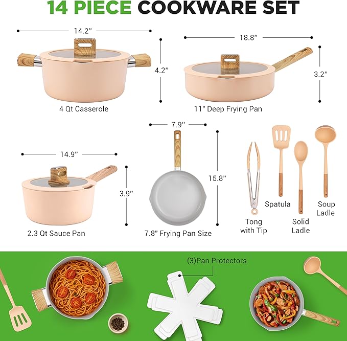 NutriChef Ceramic Cookware Set with Cooking Utensils - 14-Piece Nonstick Cookware Set with Glass Lids Compatible with All Cooktops Heat-Resistant Handles and Stylish Finish (Pink)