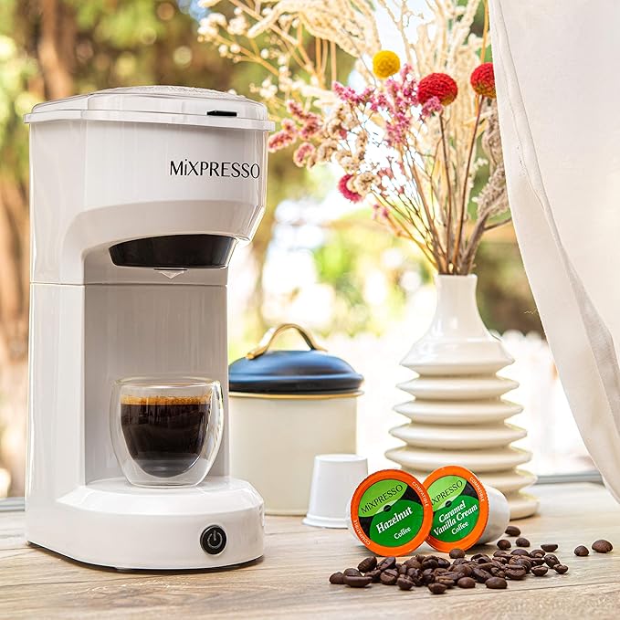 Mixpresso 2-in-1 Single Serve Coffee Maker - K-Cup &amp Ground Coffee Compatible - Fast 2-3 Min Brewing - Compact 14oz White Coffee Machine for Home Office