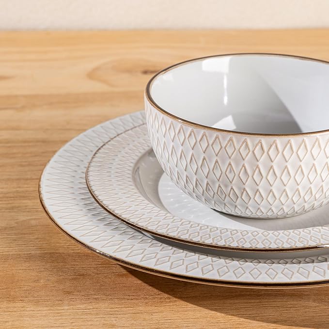 GBHOME Ceramic Dinnerware Sets12 pcs Embossed Elegant Stoneware Plates and Bowls Sets Housewarming Wedding Gift | Dishwasher &amp Microwave Safe | Dishes Set Service for 4