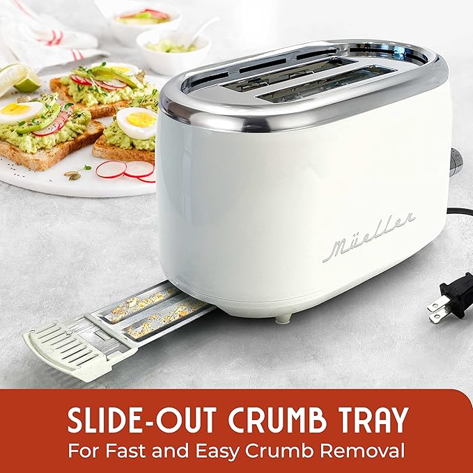 MUELLER HOME Retro Toaster 2 Slice 7 Browning Levels 3 Functions (Reheat Defrost Cancel) Stainless Steel Features Removable Crumb Tray Under Base Cord Storage White Toaster Kitchen Appliances