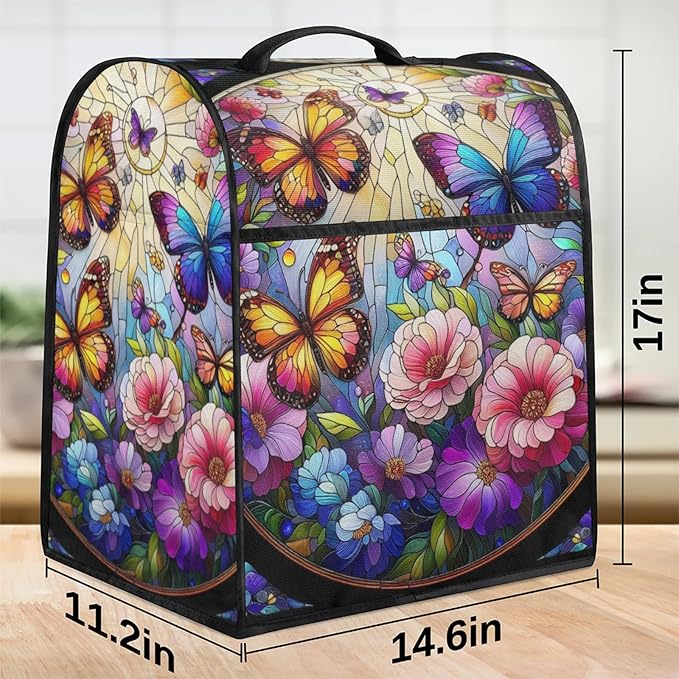 cfpolar Kitchen Aid Mixer Cover Compatible with 6-8 Quarts Butterfly Flower Glass Painting Stand Mixer Cover Kitchen Aid Mixers Accessories Appliance Organizer Bag Dust Covers with Zipper Pocket