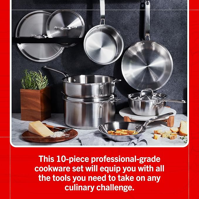 Heritage Steel Eater Series 10 Piece Cookware Set | Made in USA | 5 Ply Fully Clad Stainless Steel Cookware Set | Stay Cool Handle | Induction Ready &amp Non-Toxic