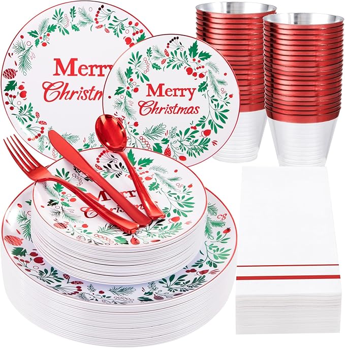 bUCLA 175PCS Christmas Plates Dinnerware Set - Green and Red Christmas Plastic Plates and Napkins Disposable Include 25 Dinner Plates25 Dessert Plates75 Cutlery25 Cups&amp25 Napkins