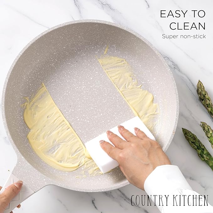 Country Kitchen Non-Stick Cast Aluminum Cookware Set - Durable Kitchen Cookware for Everyday Cooking Cream Rhombus 11 Pc.