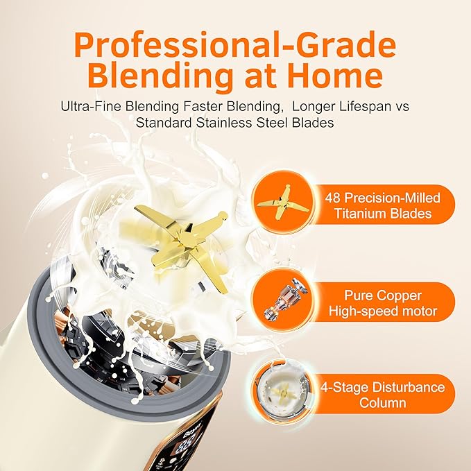 Beyn 10-in-1 Automatic Nut Milk Maker Machine 60oz Large Capacity with 𝟒𝟖 𝐓𝐢𝐭𝐚𝐧𝐢𝐮𝐦 Blades &amp Self-Cleaning. for Homemade Almond Soy Oat Milk Milkshake (Cream)