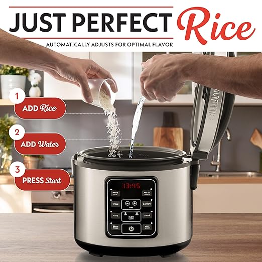 Gourmia Rice Cooker – 3 Qt Capacity 12 Cup Cooked 6 Cup Uncooked Digital Controls Grain Cooker &amp Steamer Built-In Steamer Basket Nonstick Ceramic Pot Delay Timer Keep Warm Stainless Steel