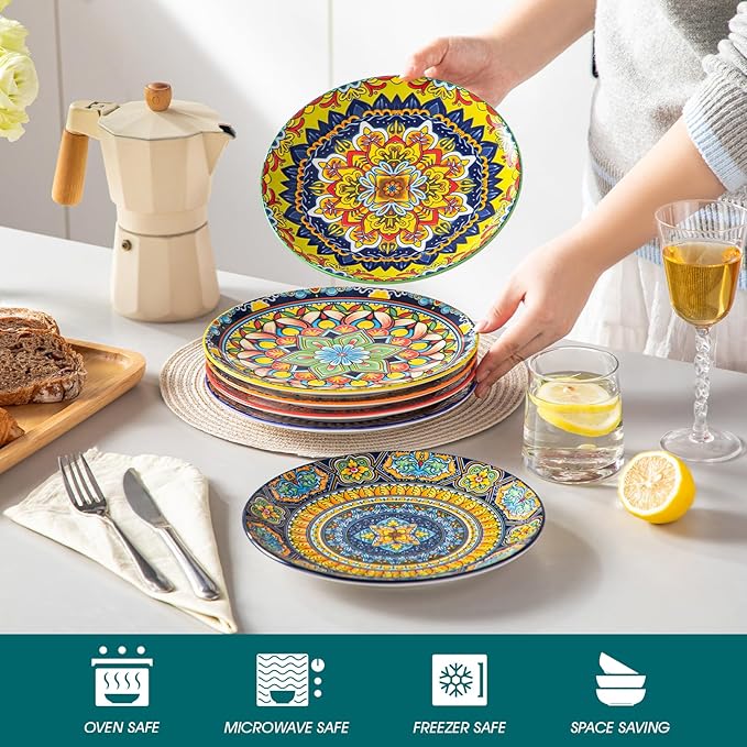 vancasso Colorful Dessert Plates Set of 6 8.5 Inch Ceramic Salad Plates Boho Small Dinner Plates Bohemian Printed Kitchen Plate for Breakfast Microwave &amp Dishwasher Safe Dishes Series KRVI