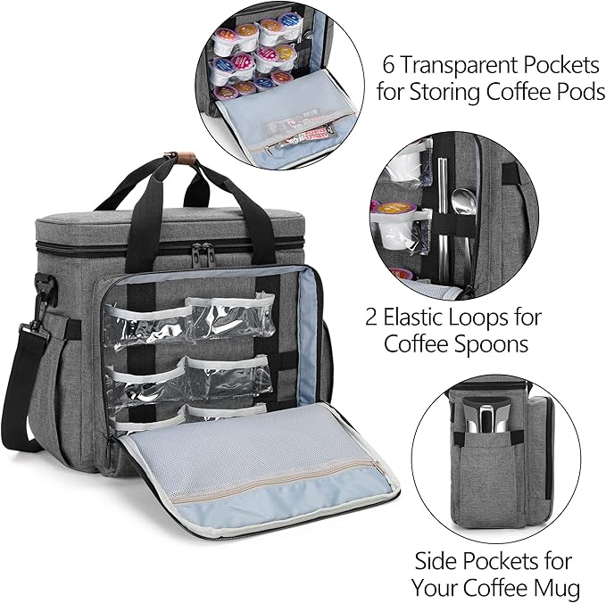 CURMIO Coffee Maker Travel Bag Compatible with Keurig K-Mini or K-Mini Plus Single Serve Coffee Brewer Carrying Case with Multiple Pockets for K-Cup Pods Travel Mugs Gray (Bag Only Patent Design)