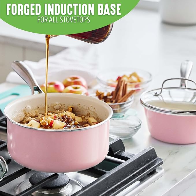 GreenLife Artisan Healthy Ceramic Nonstick 1QT and 2QT Saucepan Pot Set with Lids Stainless Steel Handle Induction PFAS-Free Dishwasher Safe Oven Safe Pink