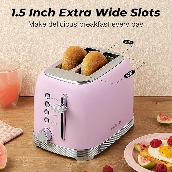 Toaster 2 Slice Retro Stainless Steel with 1.5” Extra Wide Slots Bagel Defrost Reheat Cancel Functions 6 Bread Shade Settings Removable Crumb Tray Pastel Pink