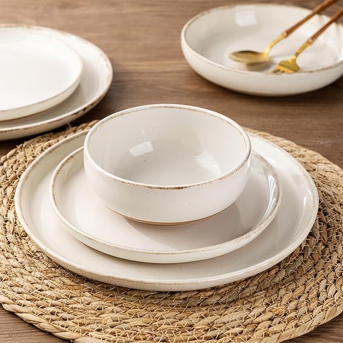 AmorArc Dinnerware Sets with Pasta Bowls for 4 Handpainted Stoneware Plates and Bowls Set with Rustic Terracotta Underside Scratch Resistant Dishes Set Dishwasher &amp Microwave Safe 16 Pcs