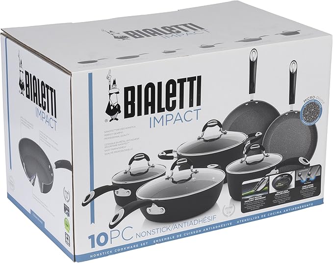 Bialetti Impact 10-Piece Textured Aluminum Cookware Set with Pots Pans and Dutch Oven Nonstick Pots and Pans Set for Kitchen Gray