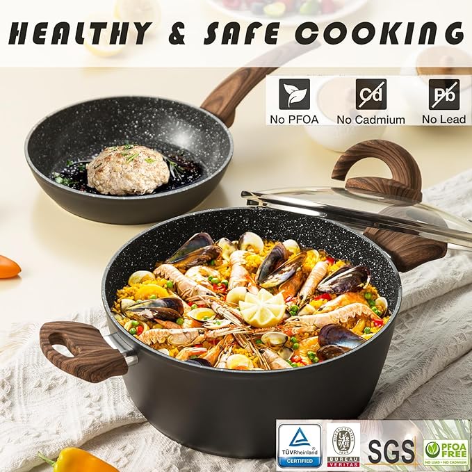 Pots and Pans Set Non Stick Ceramic Cookware Set with Granite Pattern Kitchen Cooking Sets Induction Pot and Pan w/Frying Pans Saucepans Casserole Non-Toxic PTFE/PFOA/PFOS-Free Black