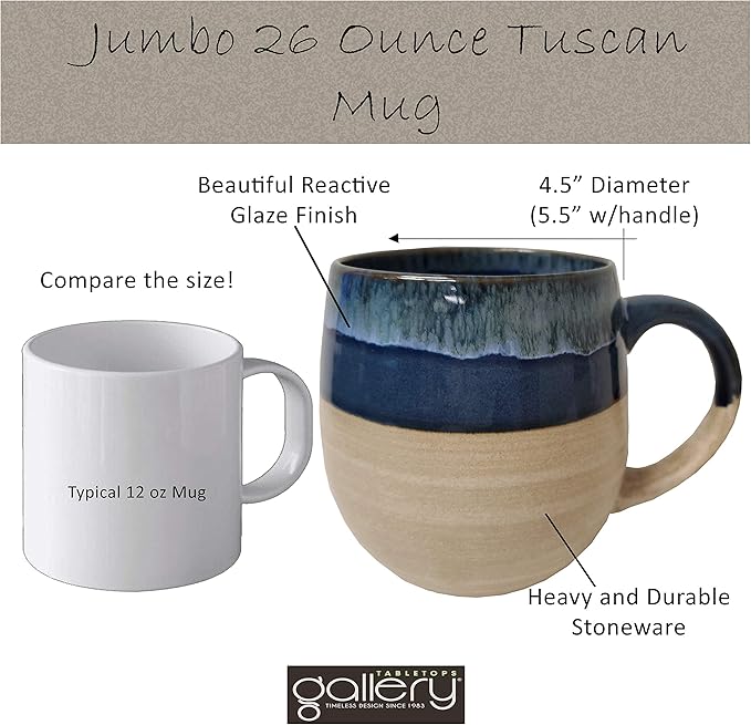 Tabletops Gallery Tuscan Reactive Glaze Stoneware- Platter Serving Bowl Mixing Bowl Mug Tuscan 26 Ounce Jumbo Oversized Mugs (Set of 4- Blue Green Brown and Pink)