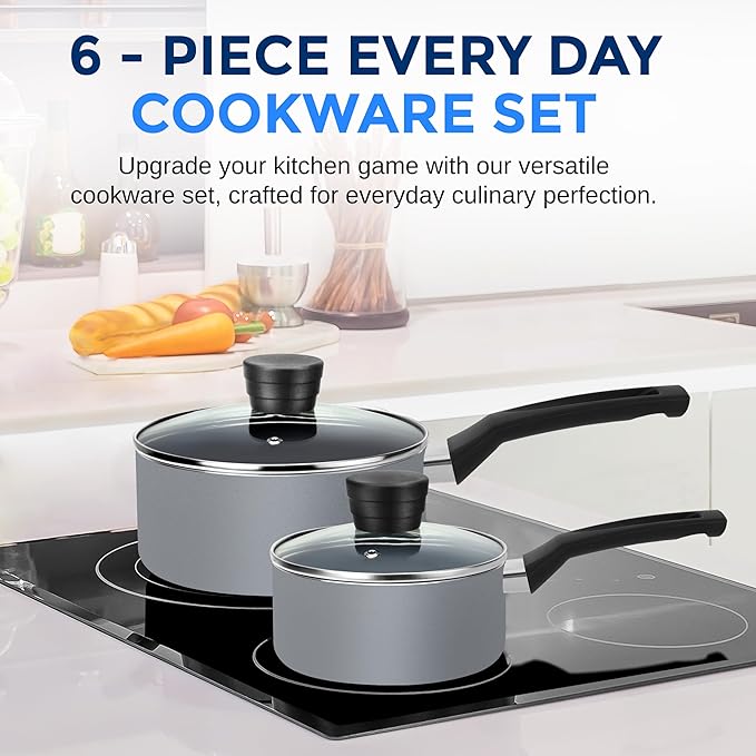 SereneLife Kitchenware Pots and Pans Set Basic Kitchen Nonstick Cookware Set Heat Resistant Lacquer (6-Piece Set) One Size Gray