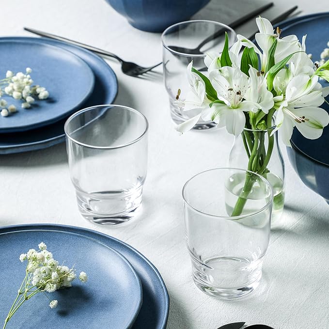 Stone Lain Rio Stoneware 32 Piece Dinnerware Set Blue Plates and Bowls Sets with Fluted Glass Cups Textured Dish Set for 8 Microwave &amp Dishwasher Safe