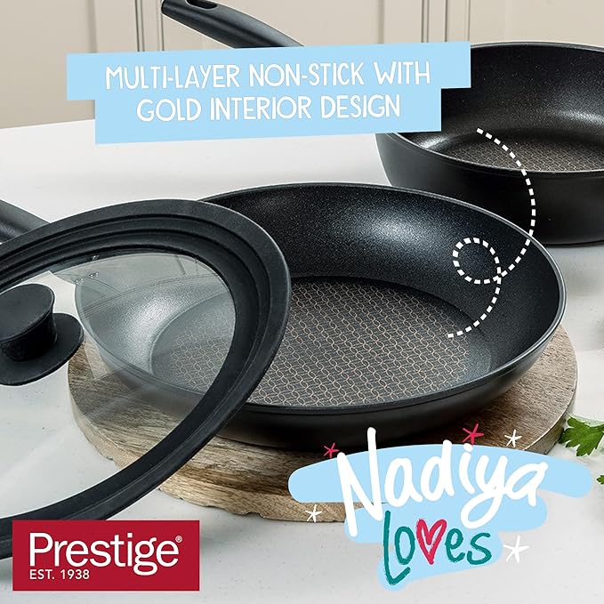 Prestige x Nadiya Non Stick Frying Pan Set of 2 with Universal Glass Lid &amp Stay Cool Handles - Stackable Induction Frying Pans 24cm &amp 26cm Oven and Dishwasher Safe Black