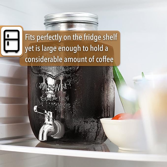 BTaT- 1 Gallon Cold Brew Coffee Maker Thick Glass Pitcher with Stainless Steel Filter Lid &amp Spigot Iced Coffee &amp Sun Tea Brewer Large Mason Jar Cold Brew Container Fast Iced Tea Maker for
