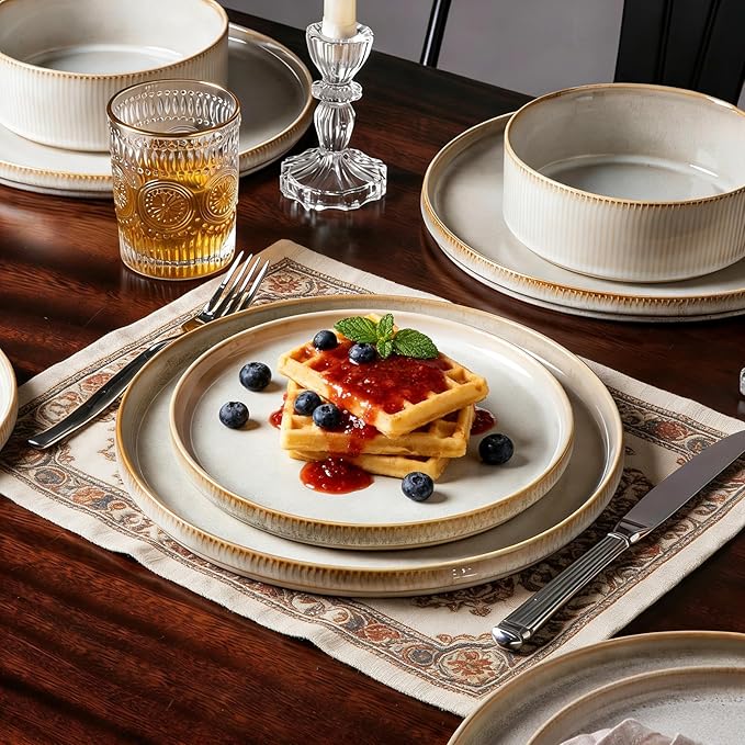 Stoneware Dinnerware Sets for 4 Stoneware Plates and Bowls Set 12-Piece Ribbed Dishes – Chip &amp Scratch Resistant Microwave and Dishwasher Safe Tableware Warm White