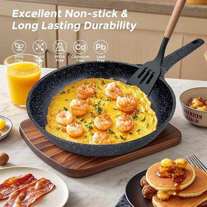 16Pcs Pots and Pans Sets Nonstick Cookware Set Kitchen Cooking Set Fry Pans Saute Pan/Gasserole/Saucepan with Lid Utensils Dishwasher Safe Black (PTFE/PFOA/PFAS/LEAD/CADMIUM Free)