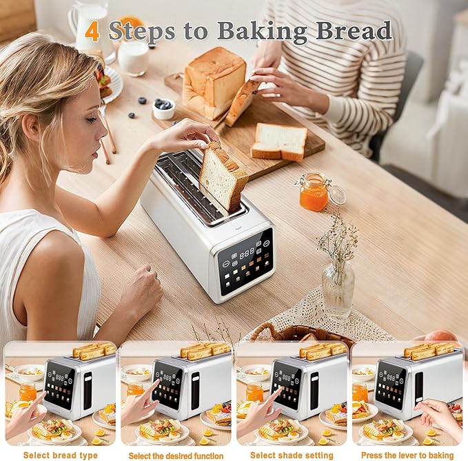 Long Slot Toaster 4 Slice Touch Screen LED Display 1.5” Extra Wide Slots for Thick Bread &amp Bagels Countdown Timer Memory Function Dual Independent Control 6 Shade Settings Stainless Steel