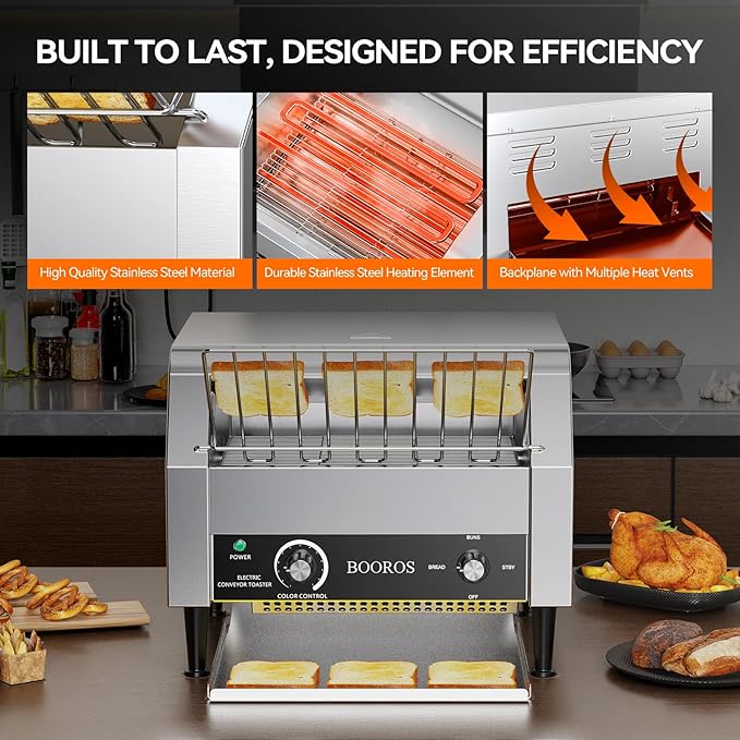 BOOROS Commercial Conveyor Toaster 450 Slices/Hour 2640W Heavy Duty Stainless Steel Commercial Toaster Seven Speed Rotating Toasters Machine for Bagels Buns Bread in RestaurantsBakeriesCafes110V