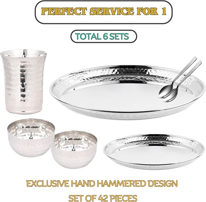 42-Piece Dinnerware set for 6 ~ Stainless steel Hand Hammered Dinner set ~ Plates Tumblers and Bowls (Dishwasher safe Durable)