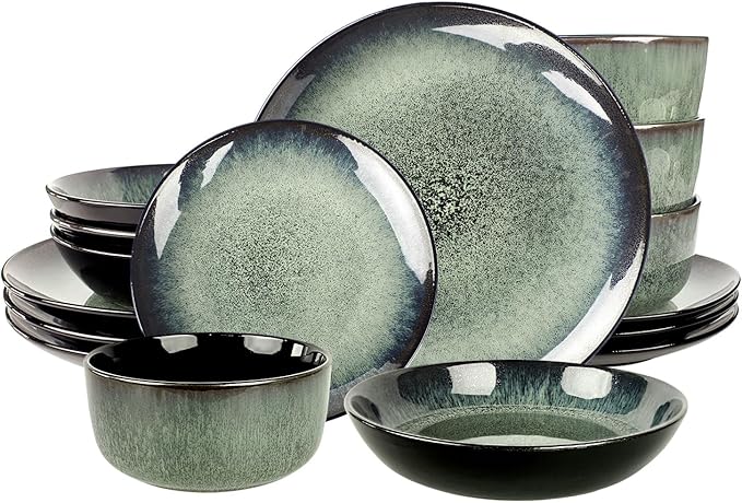 Dinnerware Sets(16Pcs) Serves for 4 Reactive Glaze Tableware Set with 7.9/8.3/10.6Plates and 5.5bowl Modern kitchen tableware Scratch resistant Microwave Dishwasher safe Set No.1