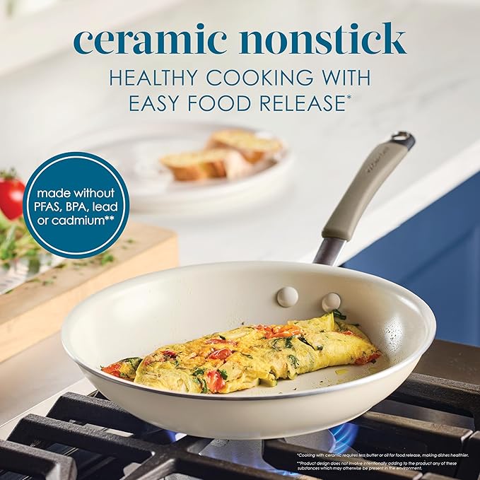 Rachael Ray Cucina Ceramic Cookware Set - 13 Pieces - Ceramic Pots and Pans Set w/Nonstick Frying Pans Saute Pan Saucepans Stockpot Lids Pan Protectors &amp Cooking Utensils - Almond