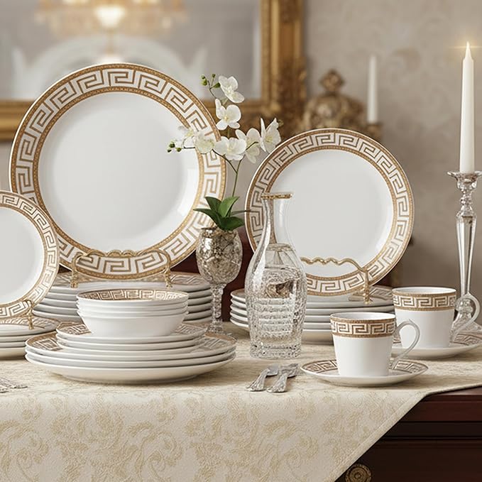 Lorren Home Trends 24 Piece Bone China Dinnerware Set with Gold Greek Key Design Service for 4 White