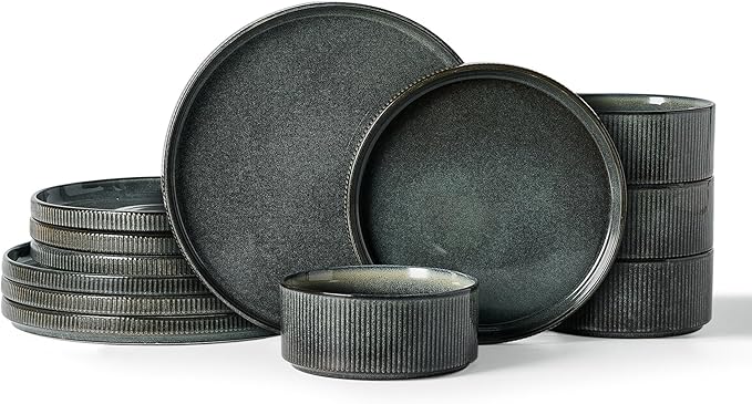Famiware Star Dinnerware Set Plates and Bowls Sets for 4 (12pcs) Ribbed Stoneware Dishes - Chip &amp Scratch Resistant Microwave &amp Dishwasher Safe Deep Forest