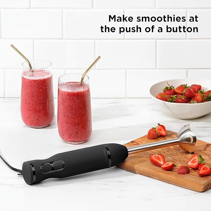 Chefman Immersion Stick Hand Blender Powerful Electric Ice Crushing 2-Speed Control Handheld Food Mixer Purees Smoothies Shakes Sauces and Soups Black