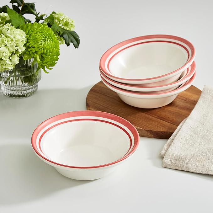 Portmeirion Potter’s Stripe 16-Piece Dinnerware Set - Red Earthenware Plates Bowls &amp Mugs Minimal Serveware for Everyday Family Dining &amp Gathering Holiday Entertaining &amp Gift Giving (Se