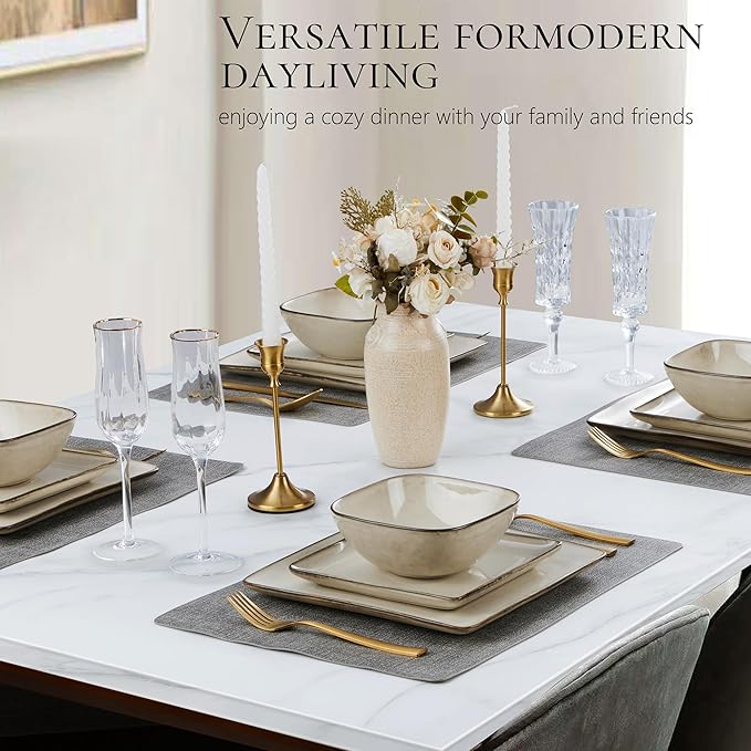 Vesteel 12 Pieces Square Dinnerware Sets Ceramic Plates and Bowls Sets for 4 Handmade Reactive Glaze Dishes Set for Kitchen Dining Microwave &amp Dishwasher Safe Khaki