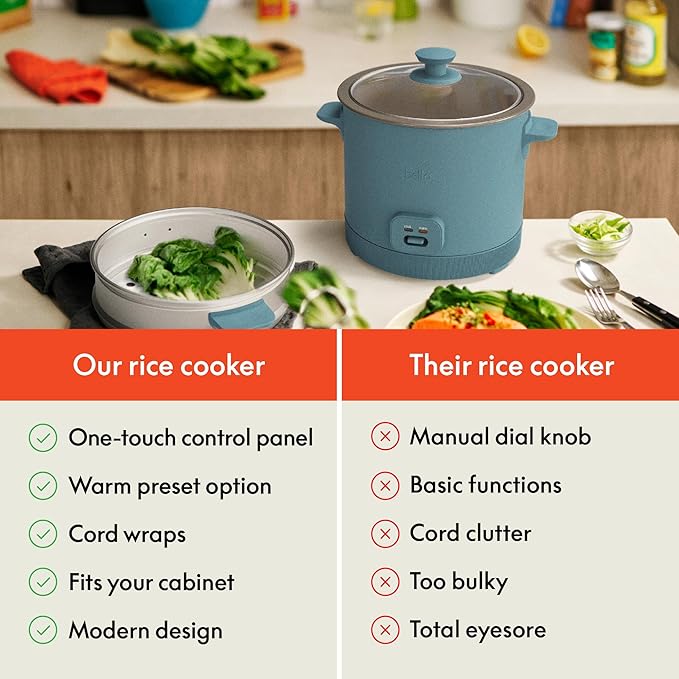 bella 16 Cup Rice Cooker with Steamer Dishwasher Safe Steaming Basket Rice Paddle and Measuring Cup Removable Nonstick Cooking Bowl Automatic Keep Warm Function 400 Watt Surf