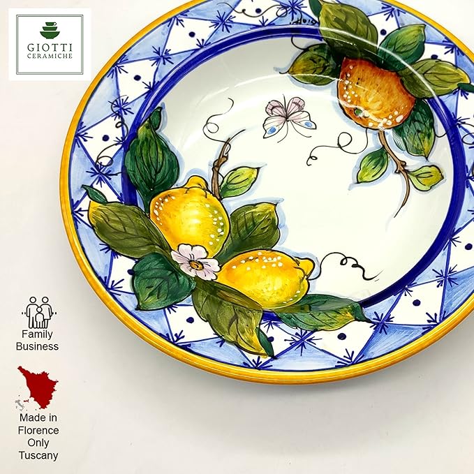 Italian Ceramic dinnerware set - Hand Painted kitchen Pasta Bowls sets for 4 - Made in ITALY Tuscany - Italian Pottery dinner plates - Home Decor Lemon Ischia Ceramics dishes set - Service For 4