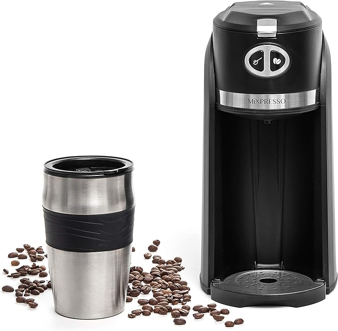 Mixpresso 2 in 1 Grind &amp Brew Automatic Personal Coffee Maker Automatic Single Serve Coffee Maker with Grinder Built-In and 14oz Travel Mug Auto Shut Off FunctionBlack Travel Coffee Maker