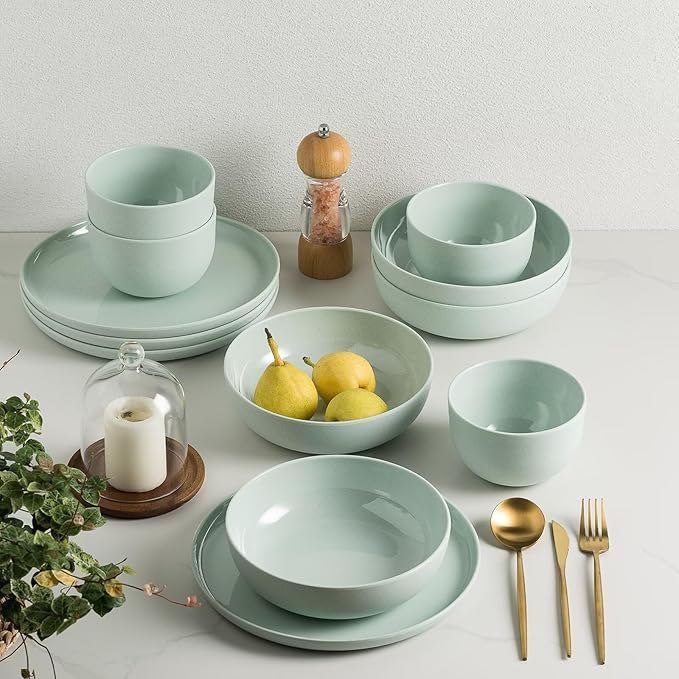 MissYIP 12 Pcs Wheat Straw Dinnerware Sets Unbreakable Reusable Kitchen Dinnerware Set Outdoor Camping Dishes BAP free Dishwasher SafeNot oven-safe or microwavable(Celadon)