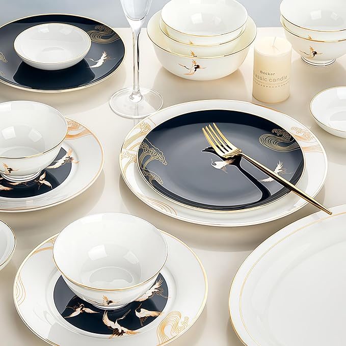 30 Pcs Fine Bone China Dinnerware SetPorcelain&ampCeramic Dinnerware SetsBone Stoneware &amp Ceramic Cookware Tableware Set Includes Dinner Plates|Spoons|Pasta Bowls|Soup Pot|Chopsticks