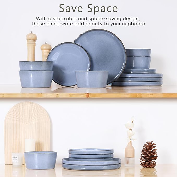 Herogo Dinnerware Sets with Pasta Bowls for 4 16 Piece Dinner Salad Plates and Cereal Serving Bowls Stoneware Dishes Dinner Ware for Home Kitchen Dishwasher &amp Microwave Safe Haze Blue
