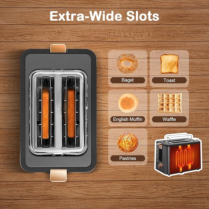 Mecity Toaster 2 Slice Stainless Steel Body Timer Bagel/Defrost/Reheat/Cancel FunctionsWarming Rack Removable Tray 6 Browning Settings Extra Wide Slots Bread Toaster 120V 800W Grey