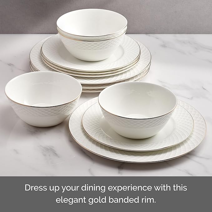 Mikasa Trellis Gold Rim Bone China Lightweight Chip Resistant 12 Piece Dinnerware Set Service for 4