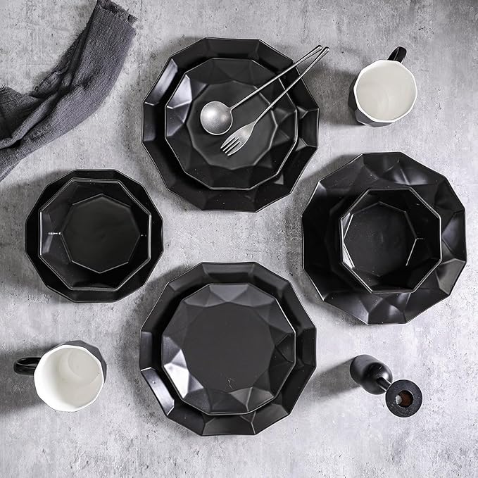 Stone + Lain Jamie Porcelain 16-Piece Geometric Dinnerware Set Black