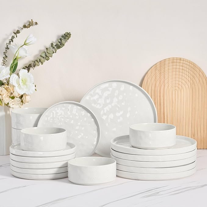 Herogo 18 Pieces Plates and Bowls Sets for 6 Stoneware Dinnerware Set for Kitchen Ceramic Dinner Dishware Dishwasher &amp Microwave Safe Speckled White