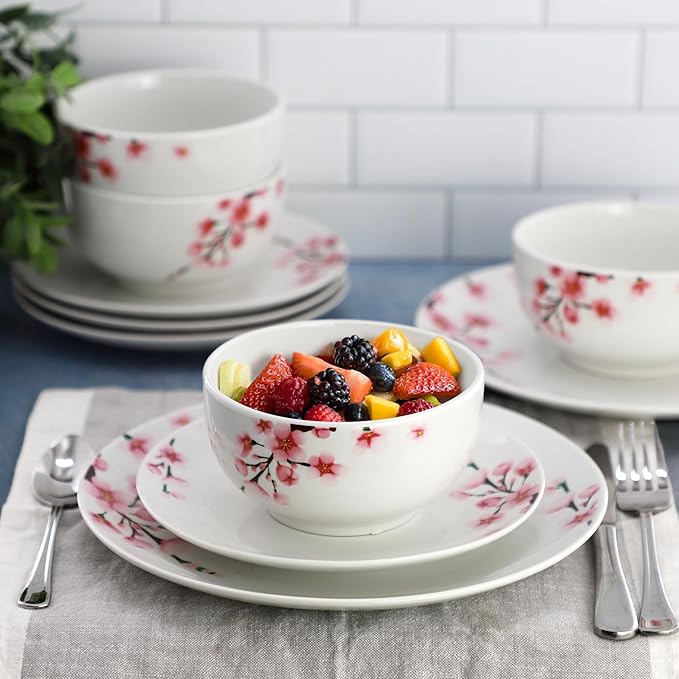 Elama Tamara 12 Piece Cherry Blossom Porcelain Dinnerware Set Service for 4 in White and Pink